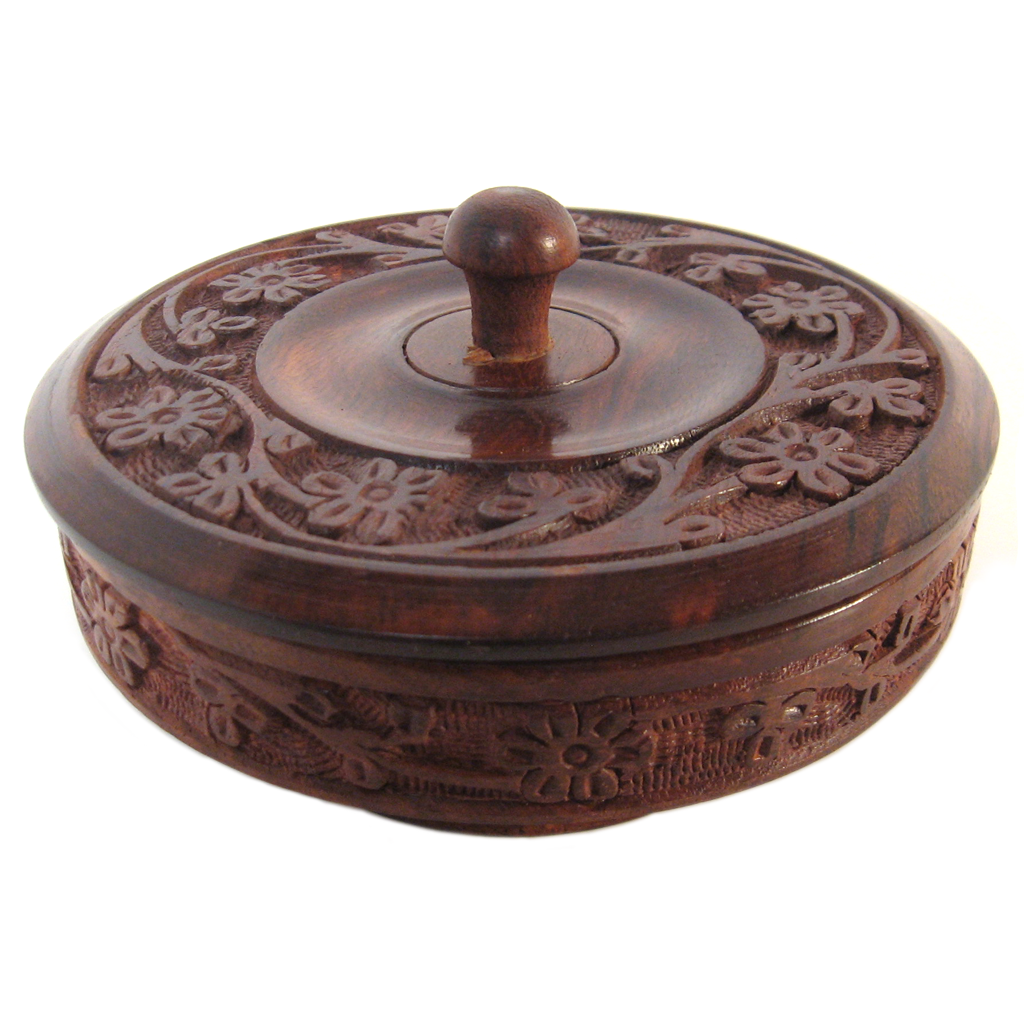 Floral Carved Wood Bowl with Lid