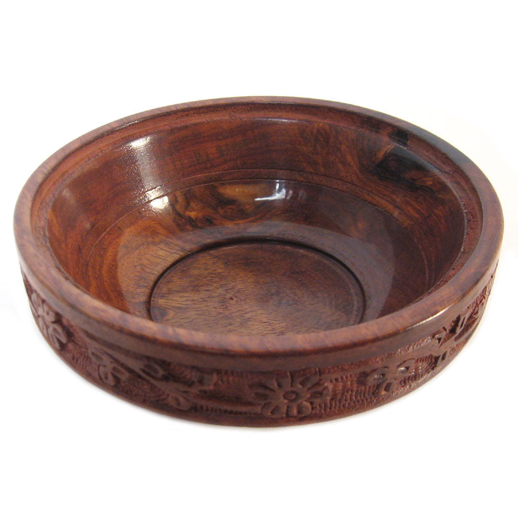 Floral Carved Wood Bowl with Lid