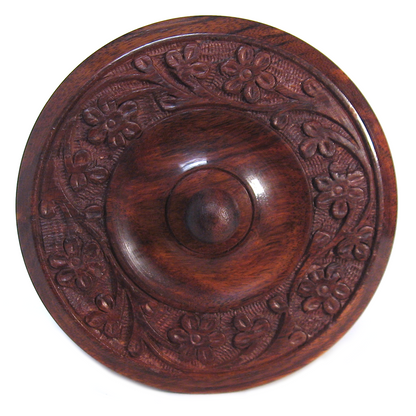 Floral Carved Wood Bowl with Lid