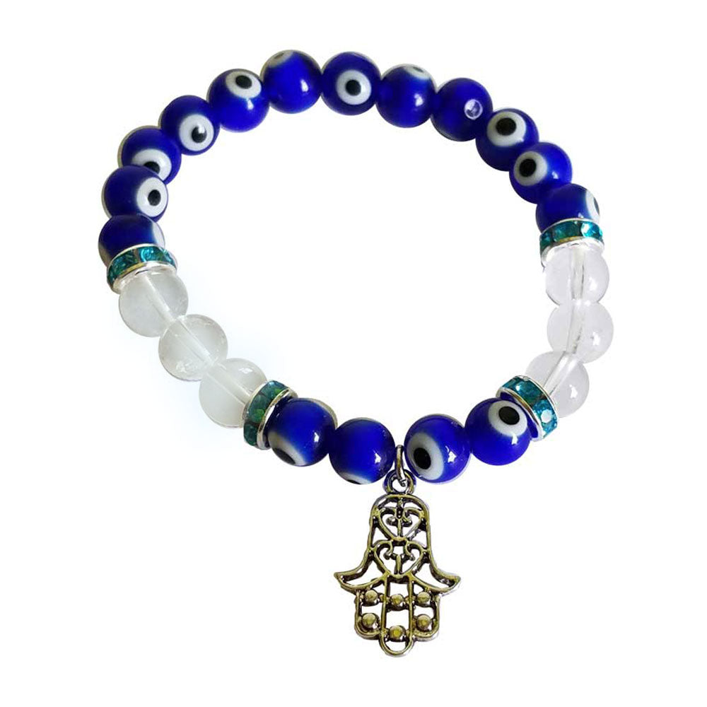 Evil Eye and Clear Quartz Bracelet with Hamsa Charm (8 mm)