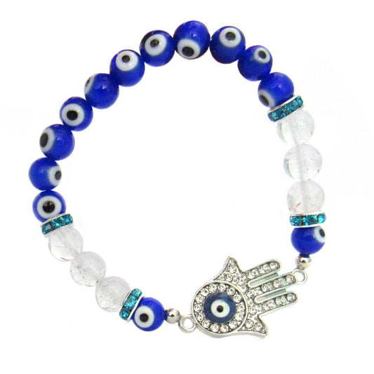 Hamsa and Evil Eye Beaded Stretch Bracelet with Quartz