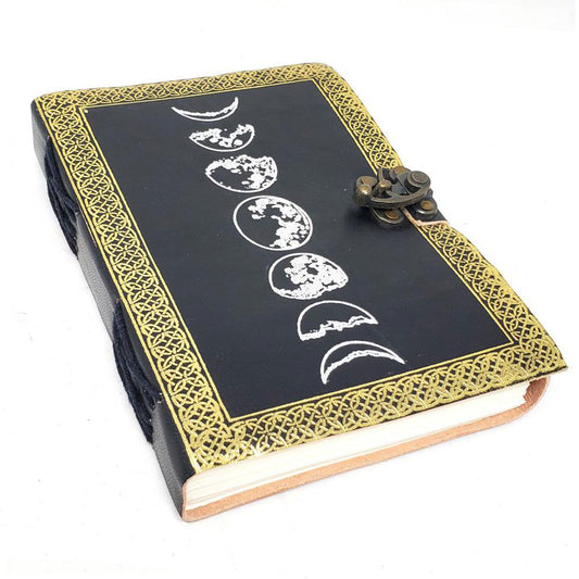 Moon Phase Silver and Black Leather Journal with Latch