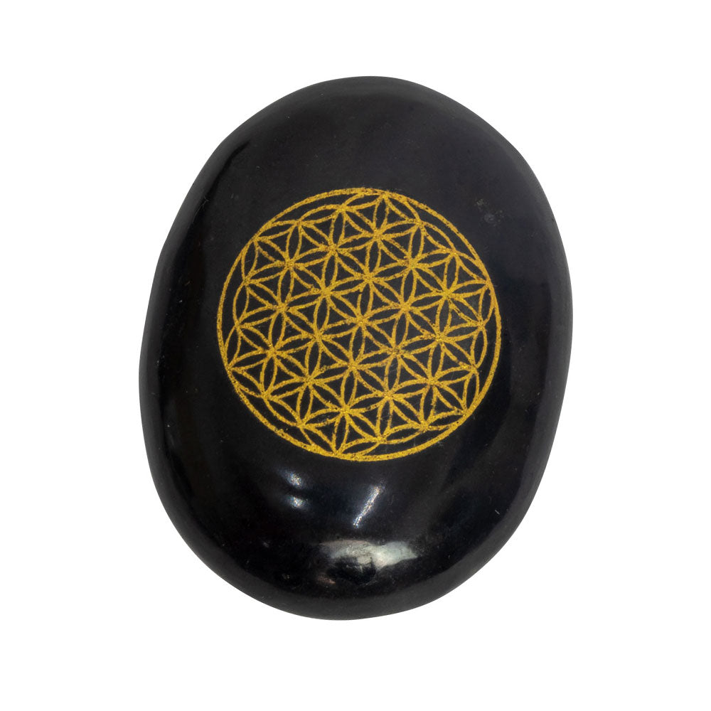 Black Tourmaline Palm Stone with Flower of Life